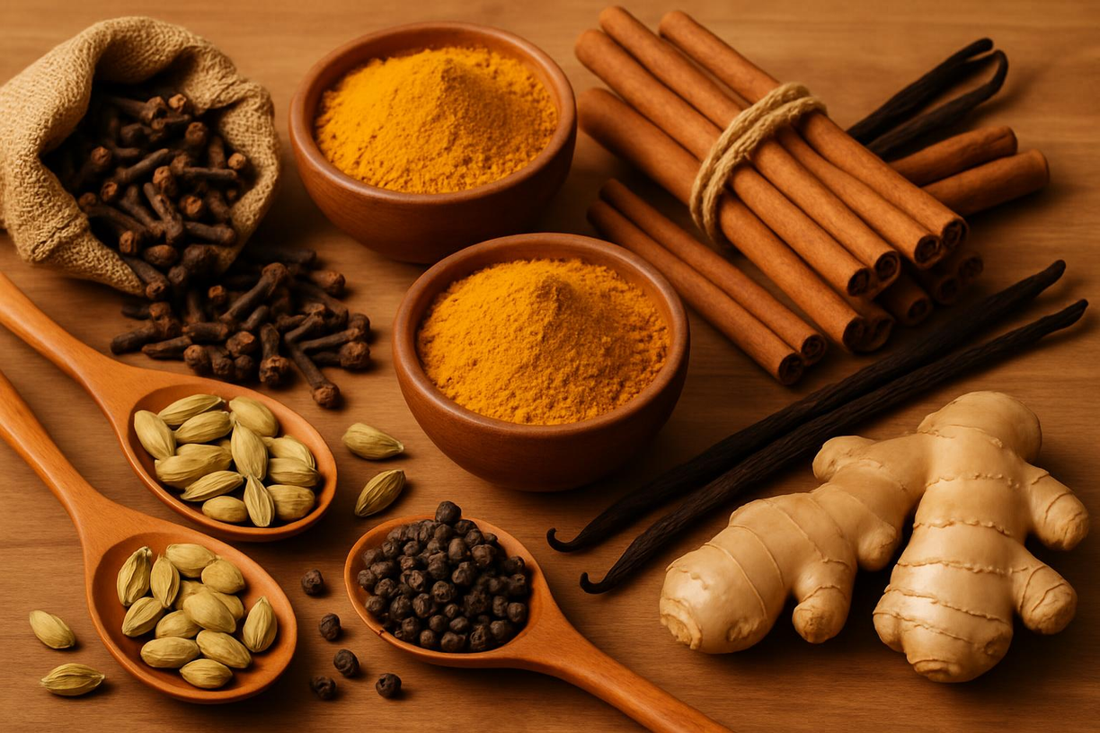 Assorted Indonesian spices including turmeric, cloves, cinnamon, and black pepper arranged artistically