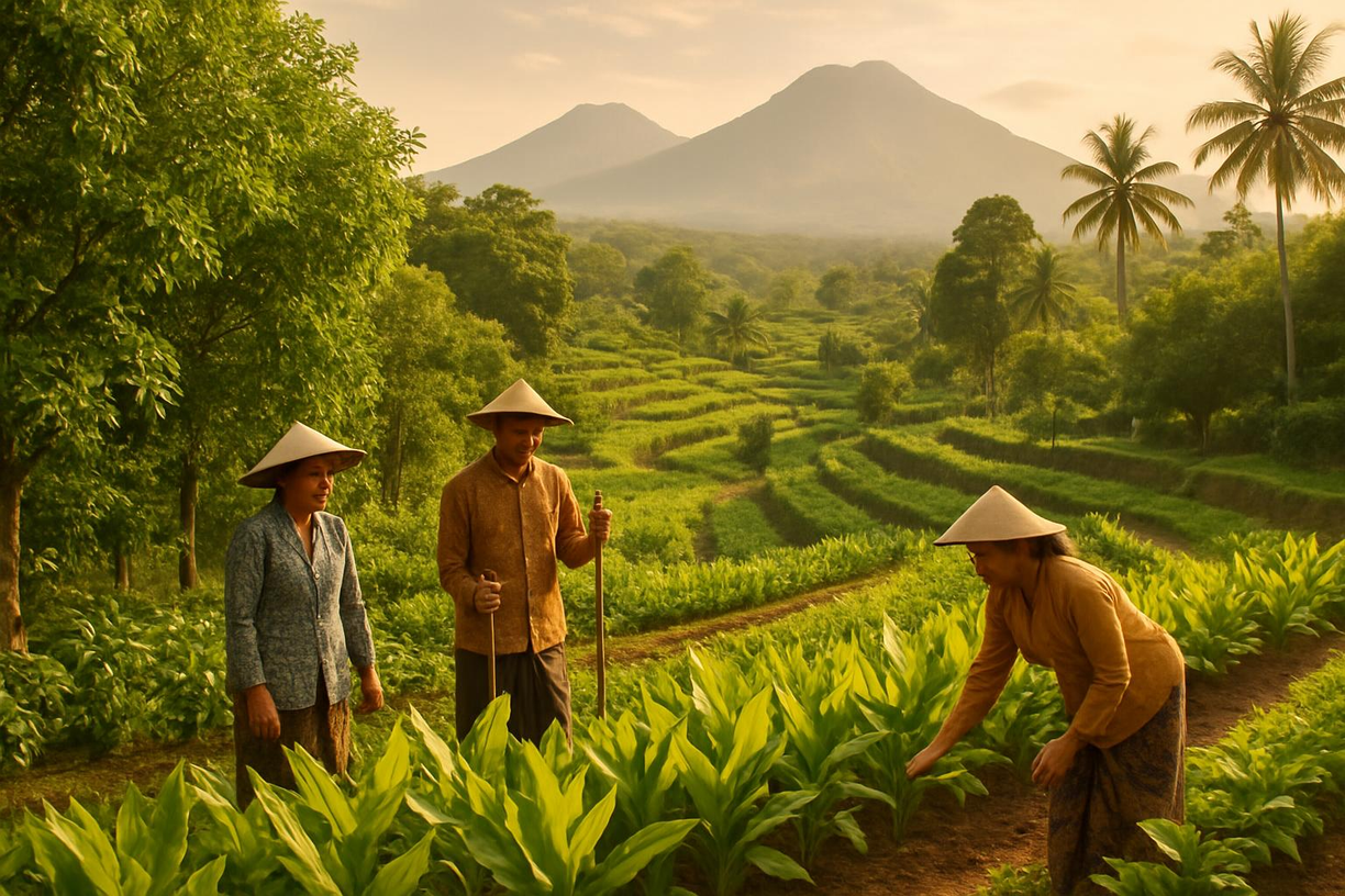 Indonesian spice farmers working in traditional terraced fields