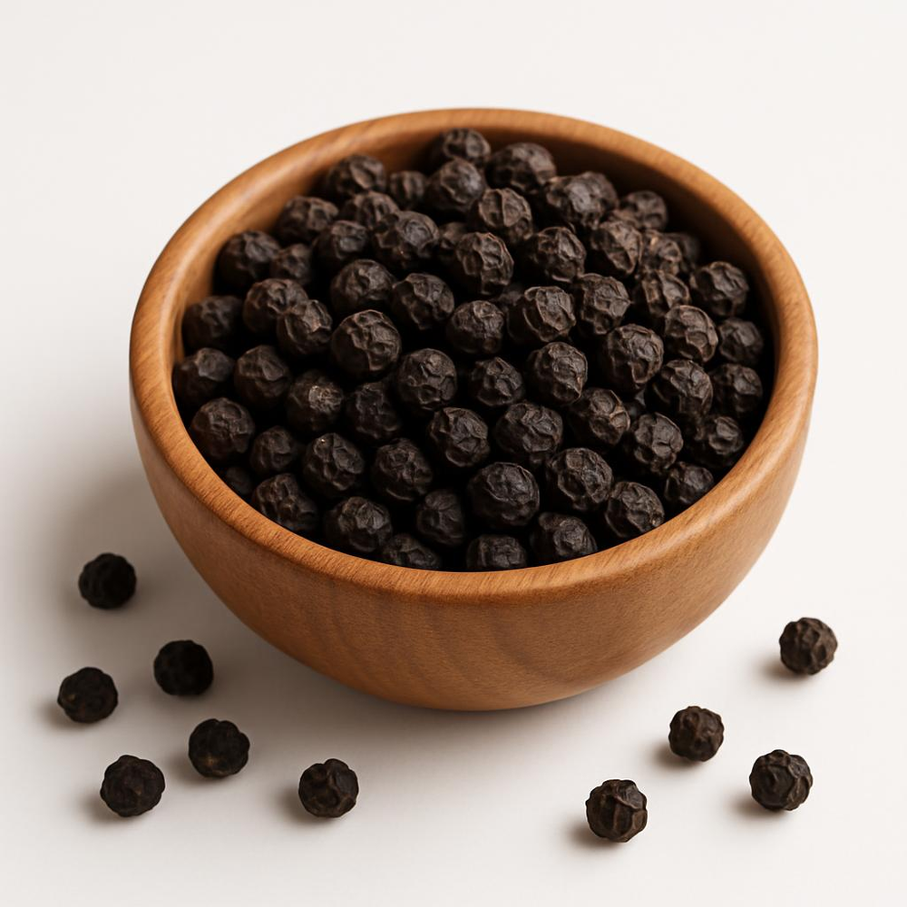 Premium black peppercorns in wooden bowl