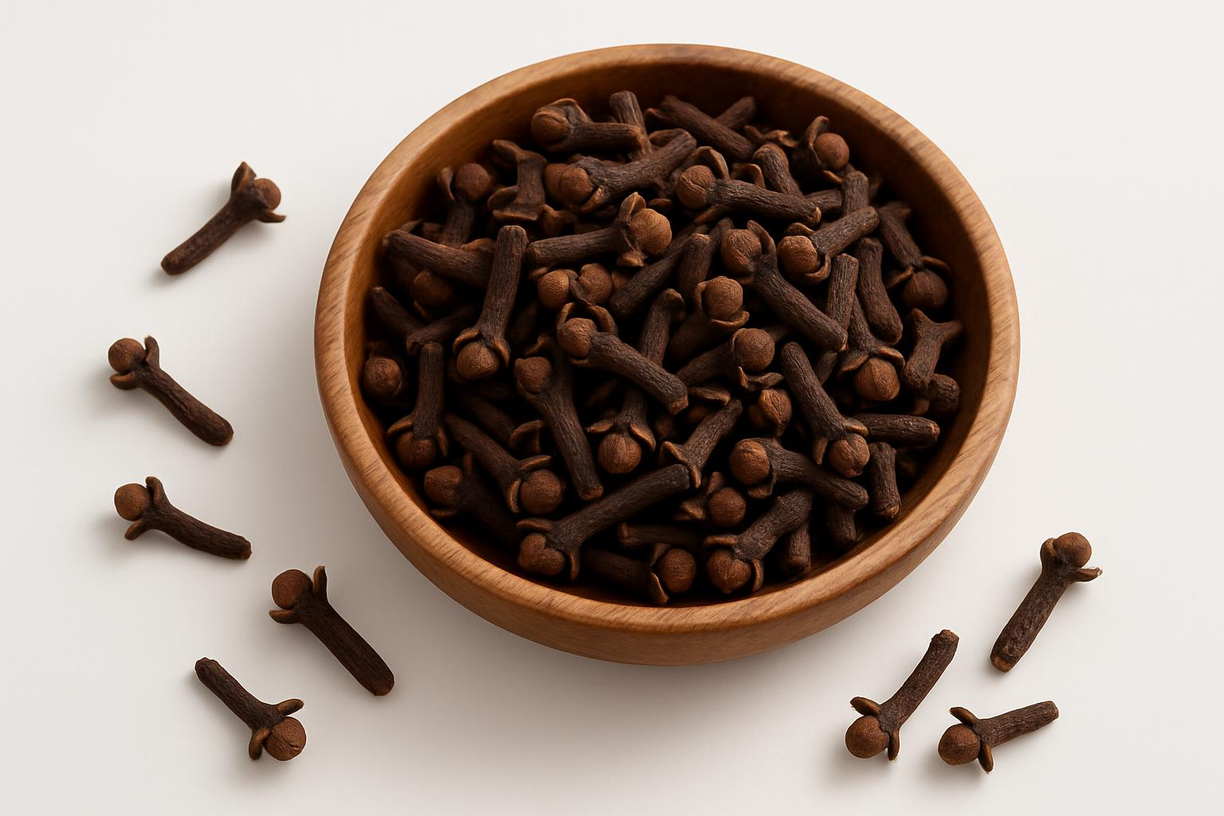 Premium Indonesian cloves in wooden bowl