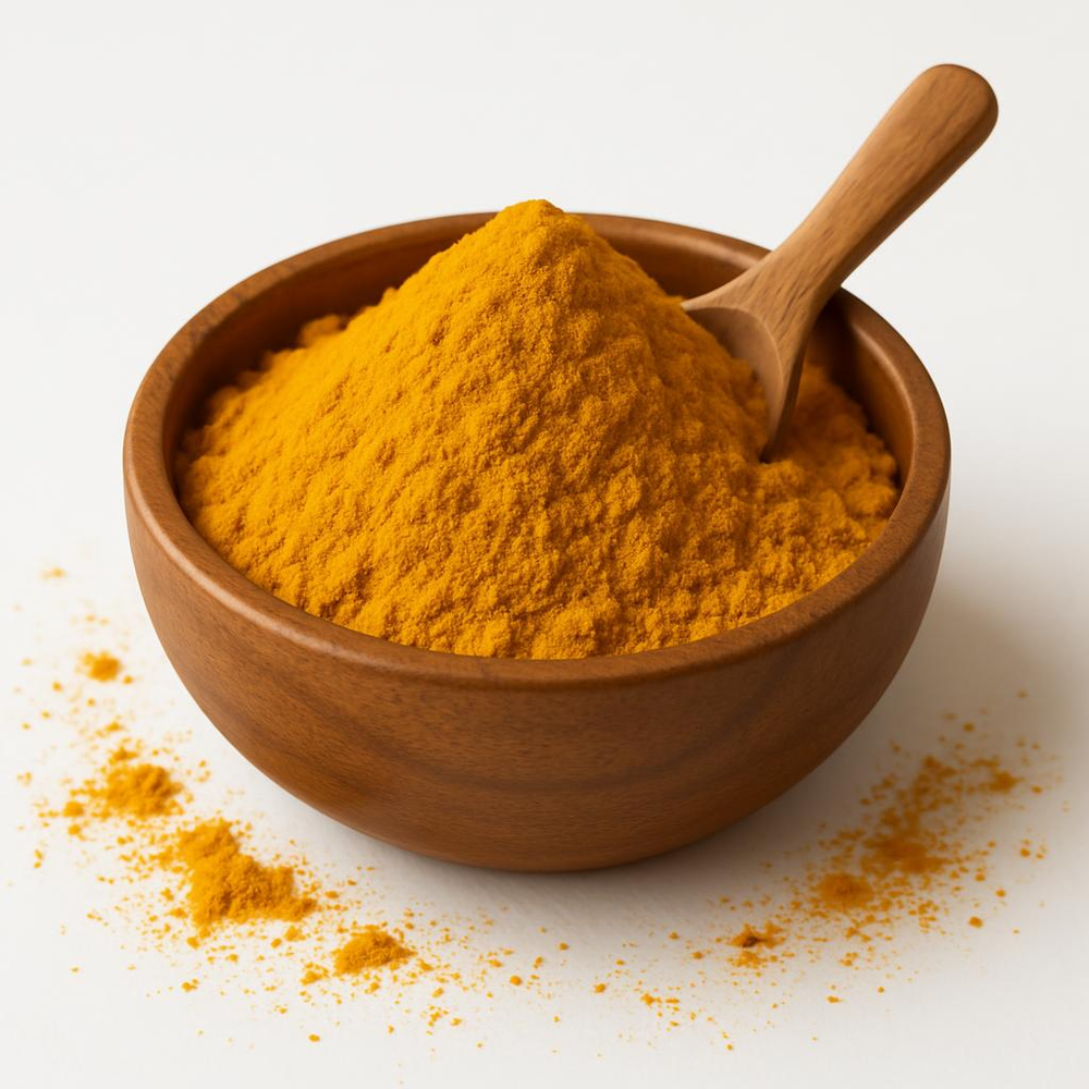 Organic turmeric powder in wooden bowl